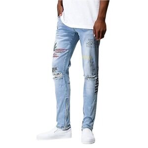 Crysp Denim Distressed Ripped Graphic Jean Light Wash Denim Men 38 Grunge Skater